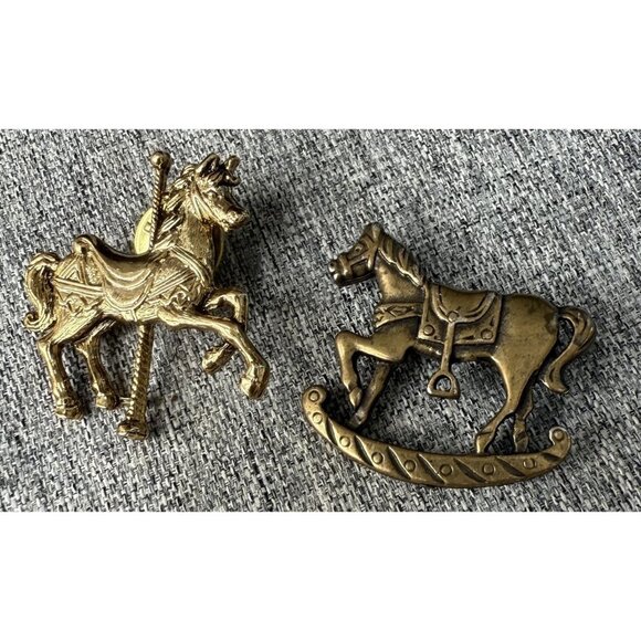 Vintage Horse Brooch Lot of 2 Rocking Horse Carousel Horse Bronze Gold - Picture 1 of 4